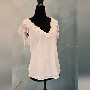 Bandolino White Sheer Flutter Neck Blouse 4
